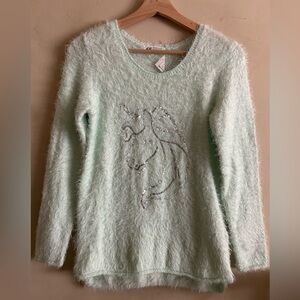 Mint Green Fuzzy Sweater with Unicorn Design